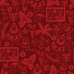 Christmas Tropical Graphic Seamless Pattern with Summer Holiday Frames Santa Palm and Ornaments © Yumeee