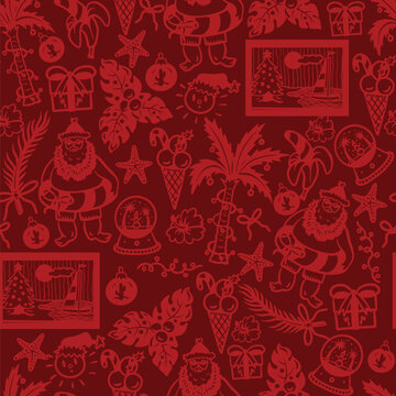 Christmas Tropical Graphic Seamless Pattern with Summer Holiday Frames Santa Palm and Ornaments