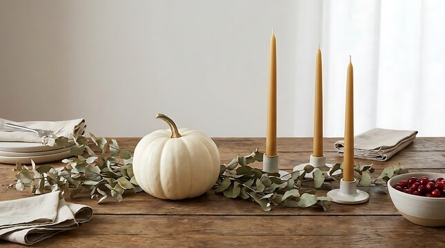 Autumn table setting white pumpkin eucalyptus candles for thanksgiving fall decor
