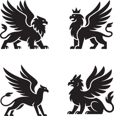 Fototapeta premium Set of four black griffin silhouettes featuring mythical creatures with wings and lion bodies isolated on a white background, for emblems