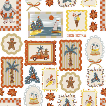 Christmas Tropical Seamless Pattern with Palm Trees Gingerbread Santa Summer Holiday Frames Illustration