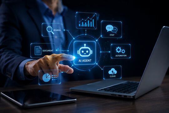 Professional businessman using AI agent digital interface for business automation and data management
