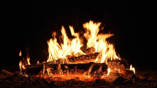 Bright campfire burning with orange flames on logs at night