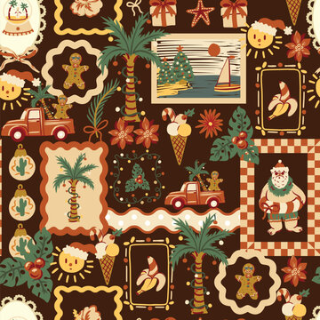 Christmas Tropical Seamless Pattern with Palm Trees Gingerbread Santa Summer Holiday Frames Illustration