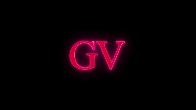Glowing pink neon GV letters on black background, dynamic motion text animation, abstract digital signage.