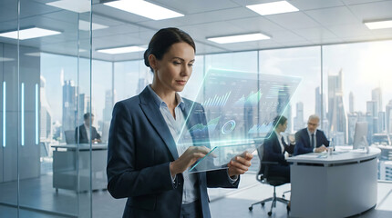 Fototapeta premium Visionary Female Corporate Leader Interacting with Augmented Reality Hologram Data Screen