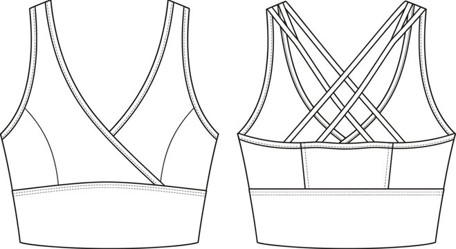 Fashion technical sketch of women's sports bra with wrap front and crisscross back straps for apparel design