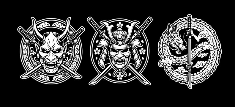 Japanese Traditional Symbols Featuring a Demon Mask, a Samurai Warrior Helmet, and a Mythical Dragon With Katana Blades in Black and White Style for Tattoo Design or Apparel Print Graphics Displayed 