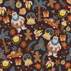 Christmas Tropical Seamless Pattern with Palm Trees Gingerbread Santa Summer Holiday Frames Illustration © Yumeee