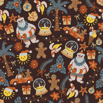 Christmas Tropical Seamless Pattern with Palm Trees Gingerbread Santa Summer Holiday Frames Illustration