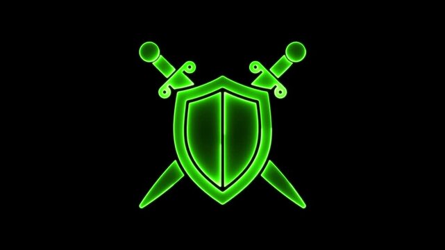 Glowing green shield and crossed swords icon. Neon medieval armor symbol on black background.