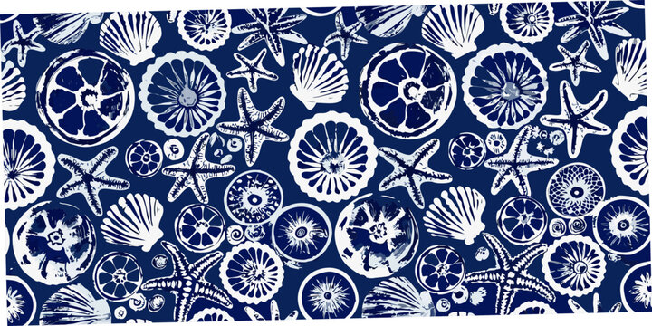 Seashell and starfish pattern on a dark blue background
