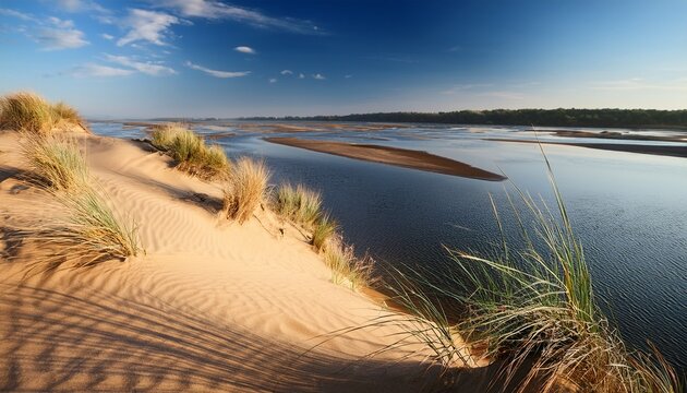 River Bank With Sand Dunes With Defocused Shallow Waters Of River On The Background