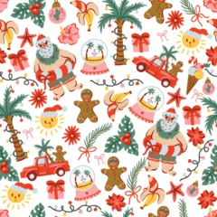 Christmas Tropical Seamless Pattern with Palm Trees Gingerbread Santa Summer Holiday Frames Illustration © Yumeee
