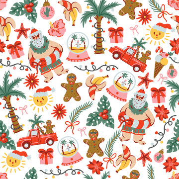 Christmas Tropical Seamless Pattern with Palm Trees Gingerbread Santa Summer Holiday Frames Illustration
