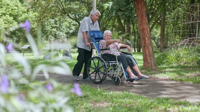 Dedicated male caregiver walking slowly with a senior handicapped woman in a wheelchair on a path under tree shade, showing great patience and professional assistance in nature.