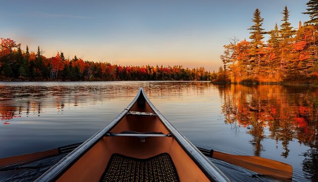 Canoe On A Northern Minnesota Boundary Waters Lake At Sunset On An Autumn Evening