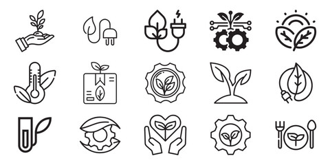 Fototapeta premium Eco Sustainability Line Icons Set | Green Technology, Renewable Energy, Organic Growth & Environmental Vector Collection