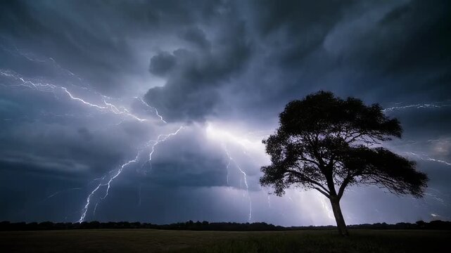 Dramatic storm clouds over solitary tree in open field