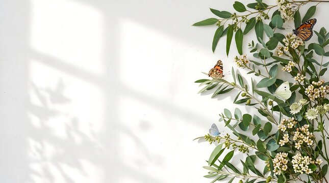 Minimalist botanical background with eucalyptus branches and butterflies, elegant white wall mockup with soft window shadow overlay