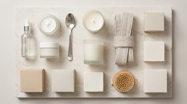 Editorial Wellness Flat Lay Grid With Blank Beauty Objects On Limestone