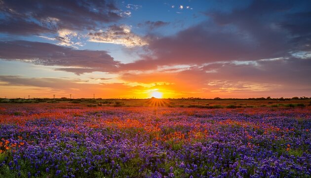Stunning Sunset Over A Rural Texas Wildflower Field