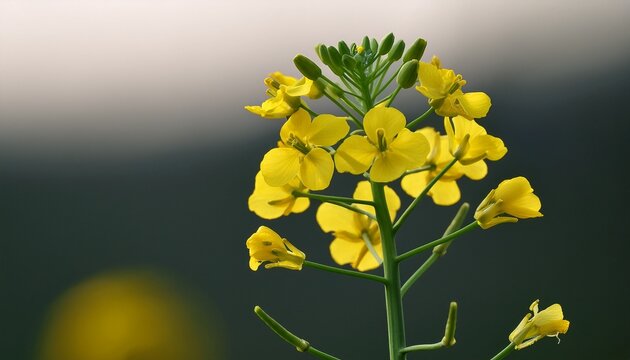 Green Stem Of Wild Mustard Rapeseed With Small Yellow Flowers And Buds