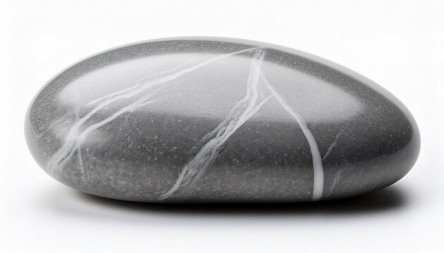 Smooth Gray Pebble With White Veins Natural Texture And Shape Isolated On White Background