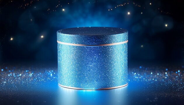 D Blue Cylinder Mystery Box With Illuminated Lighting Glitter On Dark Background