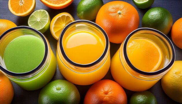 Yellow Orange And Lime Juices Background Taken From Top Angle Shot