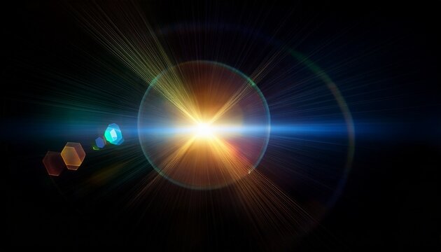 Lens Flare Light Over Black Background Easy To Add Overlay Or Screen Filter Over Photos Abstract Sun Burst With Digital Lens Flare Background Gleams Rounded And Hexagonal Shapes Rainbow Halo