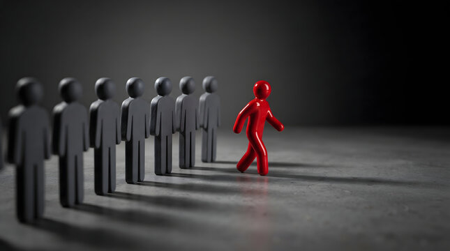A red human figurine steps out of a line of identical grey figures on a dark textured surface with dramatic shadows
