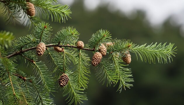 Eastern Hemlock Branch With Flat Needle Like Leaves And Small Cones