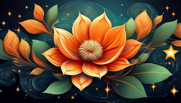 Stylized Orange Flower Bud With Green Leaves And Stars