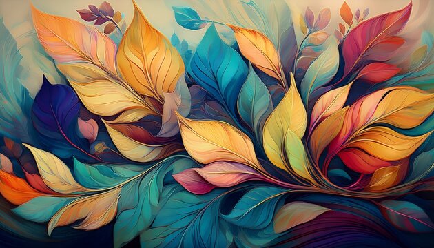 Abstract Floral Art Background Painted Leaves