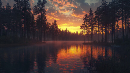 Peaceful forest lake at sunset with warm glowing sky and calm water reflection © THUA