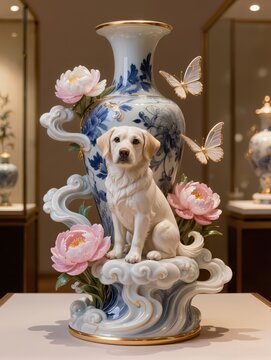 Luxury masterpiece porcelain sculpture of a noble dog beside elegant peonies and swirling clouds emerging from an ornate blue white ceramic vase with gold detailing


