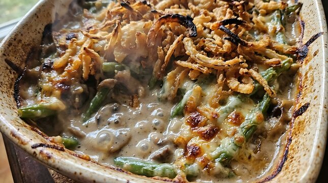 Classic green bean casserole with crispy fried onions homemade comfort food recipe