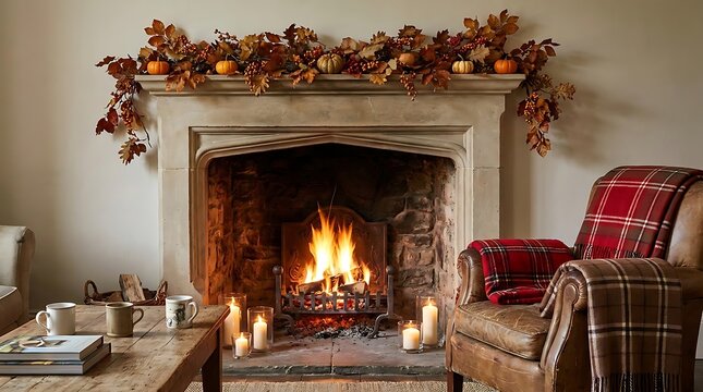 Cozy autumn fireplace fall home decor with garland candles rustic living room design