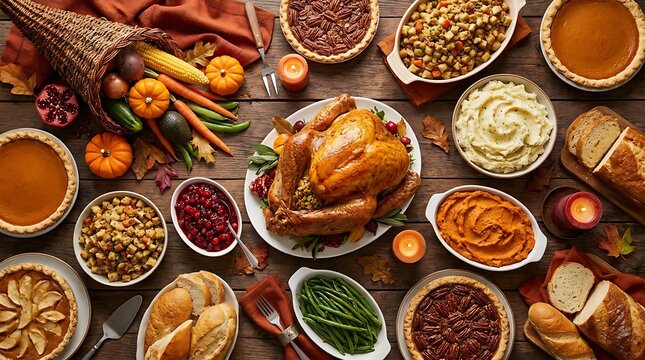 Festive thanksgiving dinner spread roasted turkey sides pies holiday feast