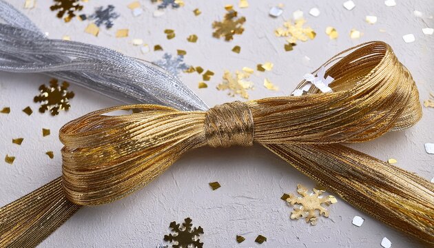 Elegant Gold And Silver Cords Tied In Bows On A Textured White Background With Scattered Gold And Silver Foil Flakes