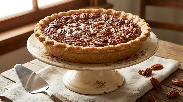 Classic pecan pie on cake stand thanksgiving dessert southern baking and holiday recipes