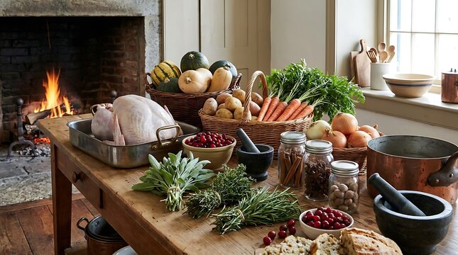 Traditional thanksgiving feast raw turkey fresh produce rustic kitchen scene