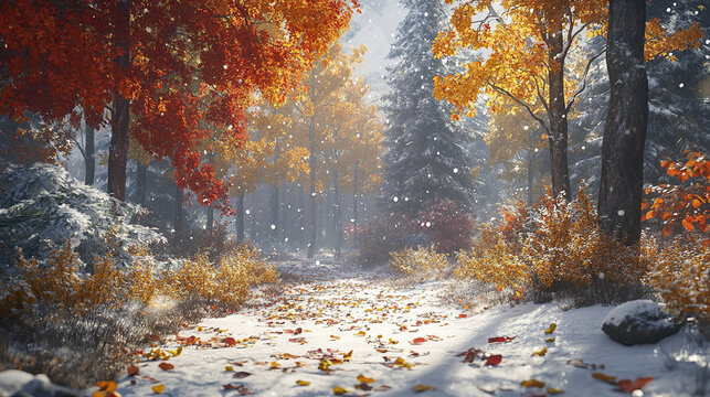 Peaceful forest path with vibrant autumn leaves dusted in fresh snowflakes
