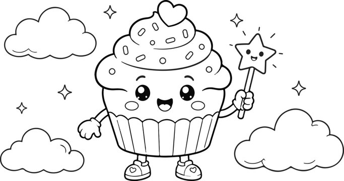 Cute cartoon cupcake with happy face celebrating joyfully. Playful dessert character holding golden star in whimsical cloud setting.