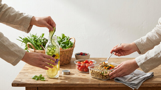 Packing Garden Ingredient Lunch with Herb Water for Mindful Living