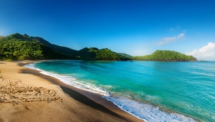 Obraz premium Sandy Beach With Calm Turquoise Waters Lush Green Mountains At Sunrise Under A Clear Blue Sky