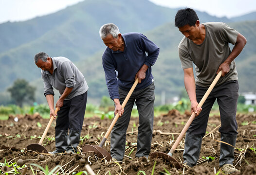 Three asian farmers working in a field with hoes, cultivating soil and planting crops in a rural landscape, the rural landscape features green mountains in the background