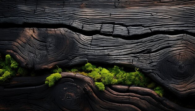 Textured Charred Wood With Deep Grooves And Moss At The Base