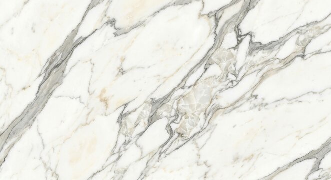 Ultra realistic premium Italian Calacatta Gold marble slab, luminous pearl white base with soft warm ivory undertones, layered translucent calcite crystal formations, elegant cloudy mineral texture